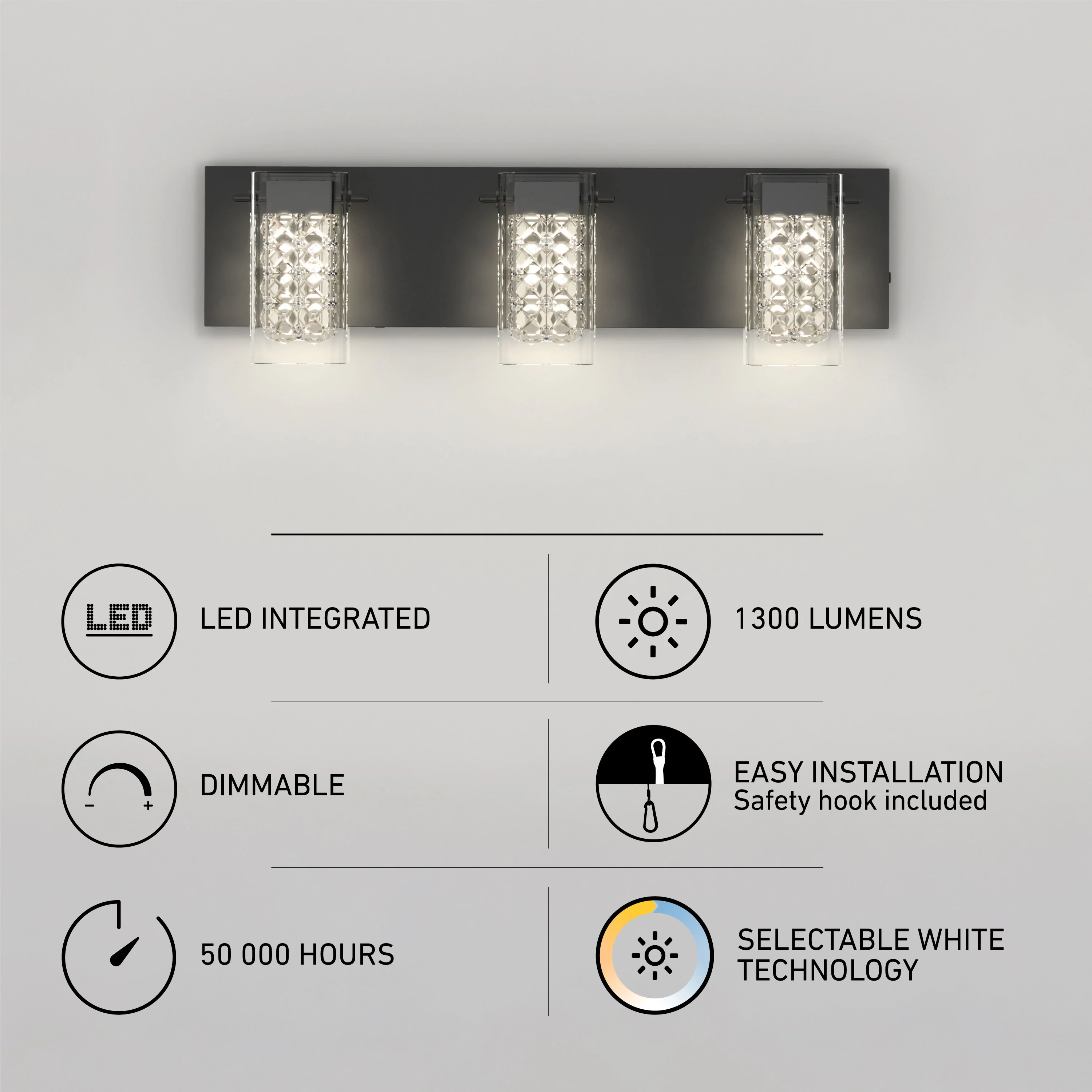 Crystal Cube 21-in (53 cm) 3-Light Modern LED 5-CCT Vanity Light for Bathroom - Image 10