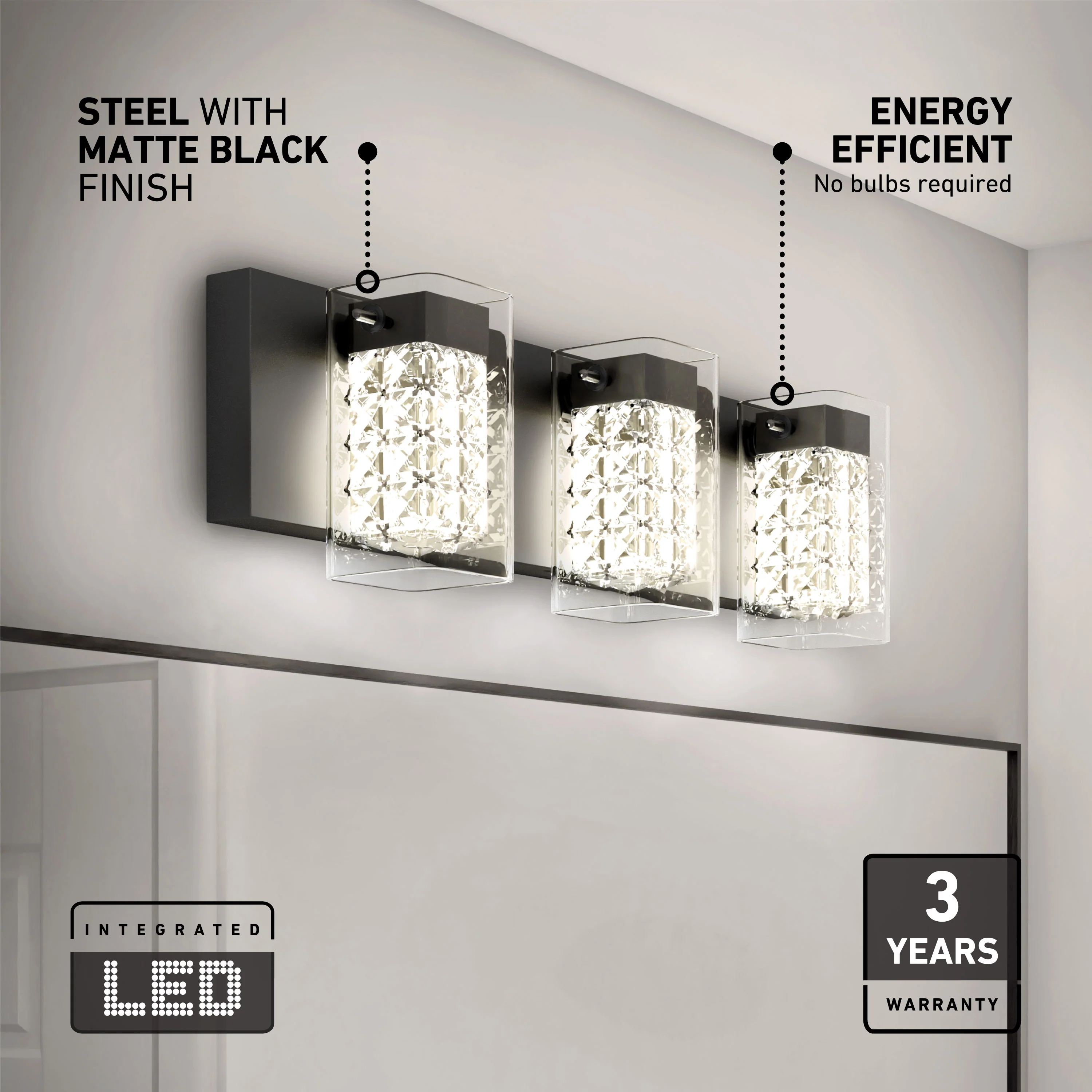 Crystal Cube 21-in (53 cm) 3-Light Modern LED 5-CCT Vanity Light for Bathroom - Image 11