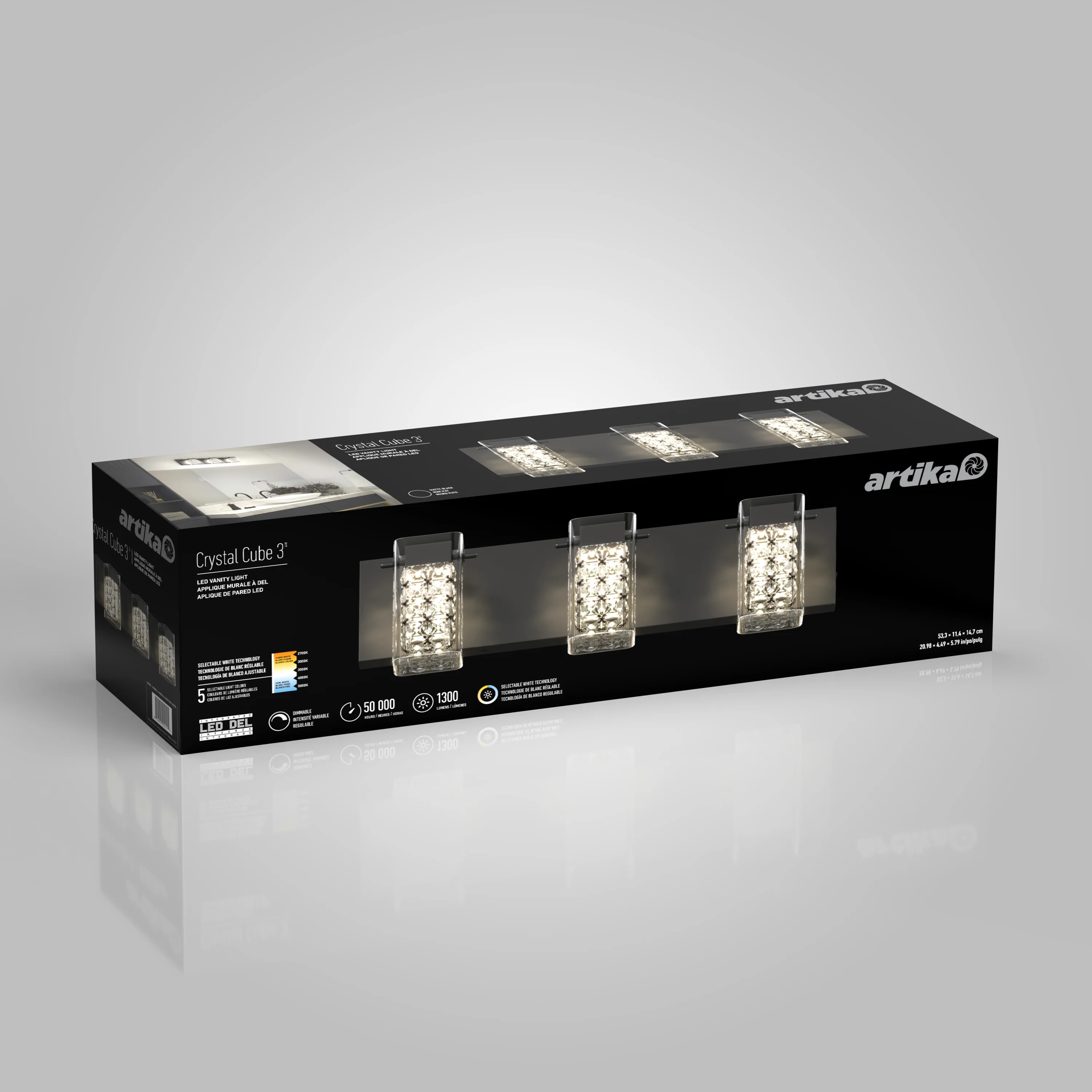 Crystal Cube 21-in (53 cm) 3-Light Modern LED 5-CCT Vanity Light for Bathroom - Image 14