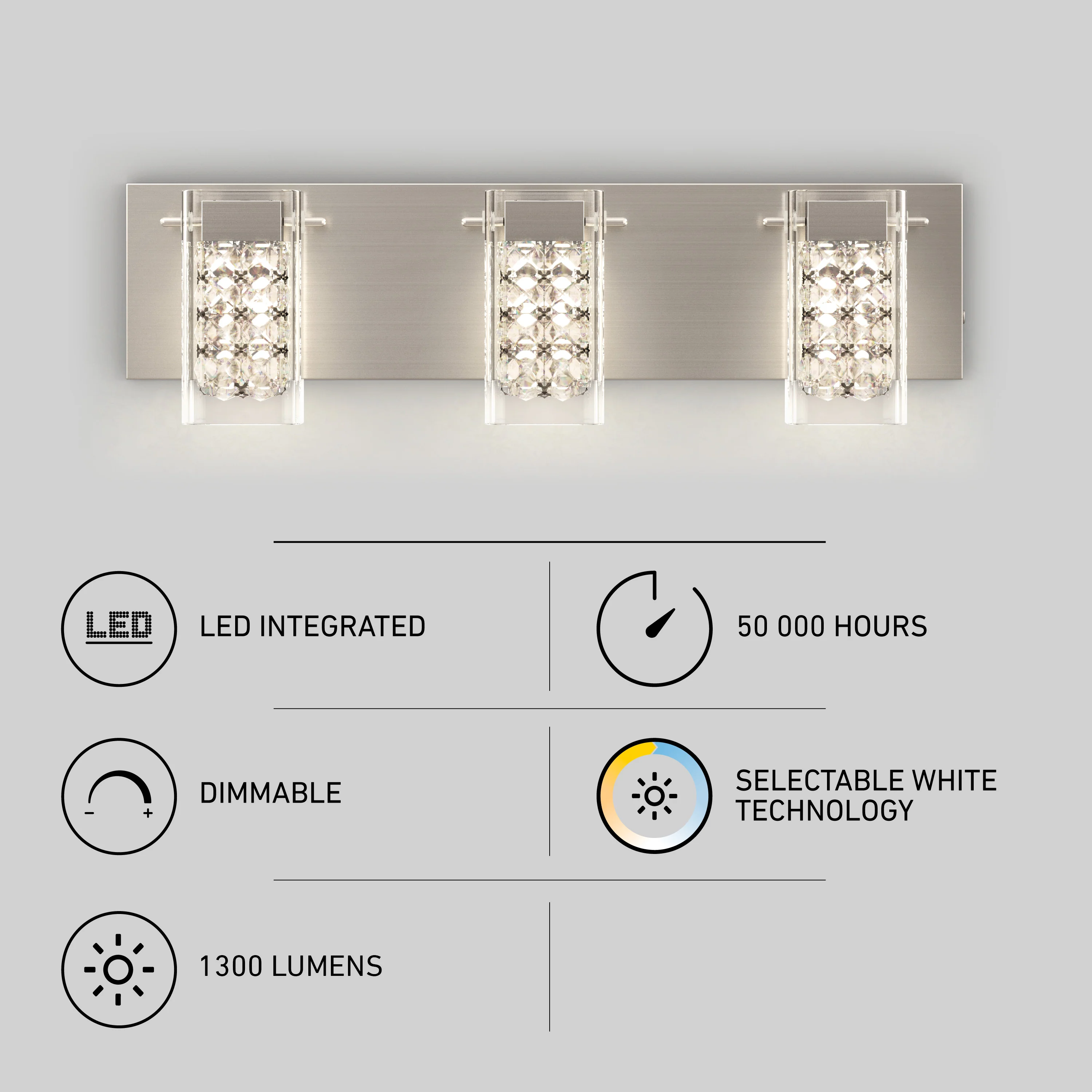 Crystal Cube 21-in (53 cm) 3-Light Modern LED 5-CCT Vanity Light for Bathroom - Image 25