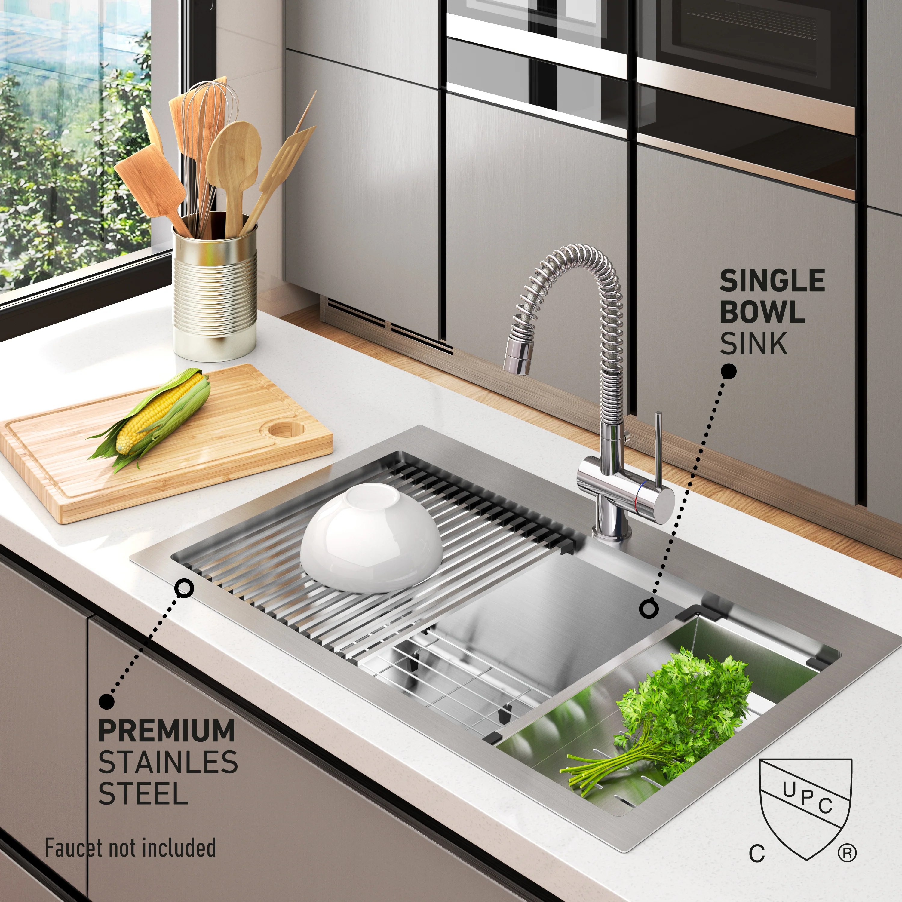 Newport 33 in. single bowl stainless steel workstation sink - Image 16